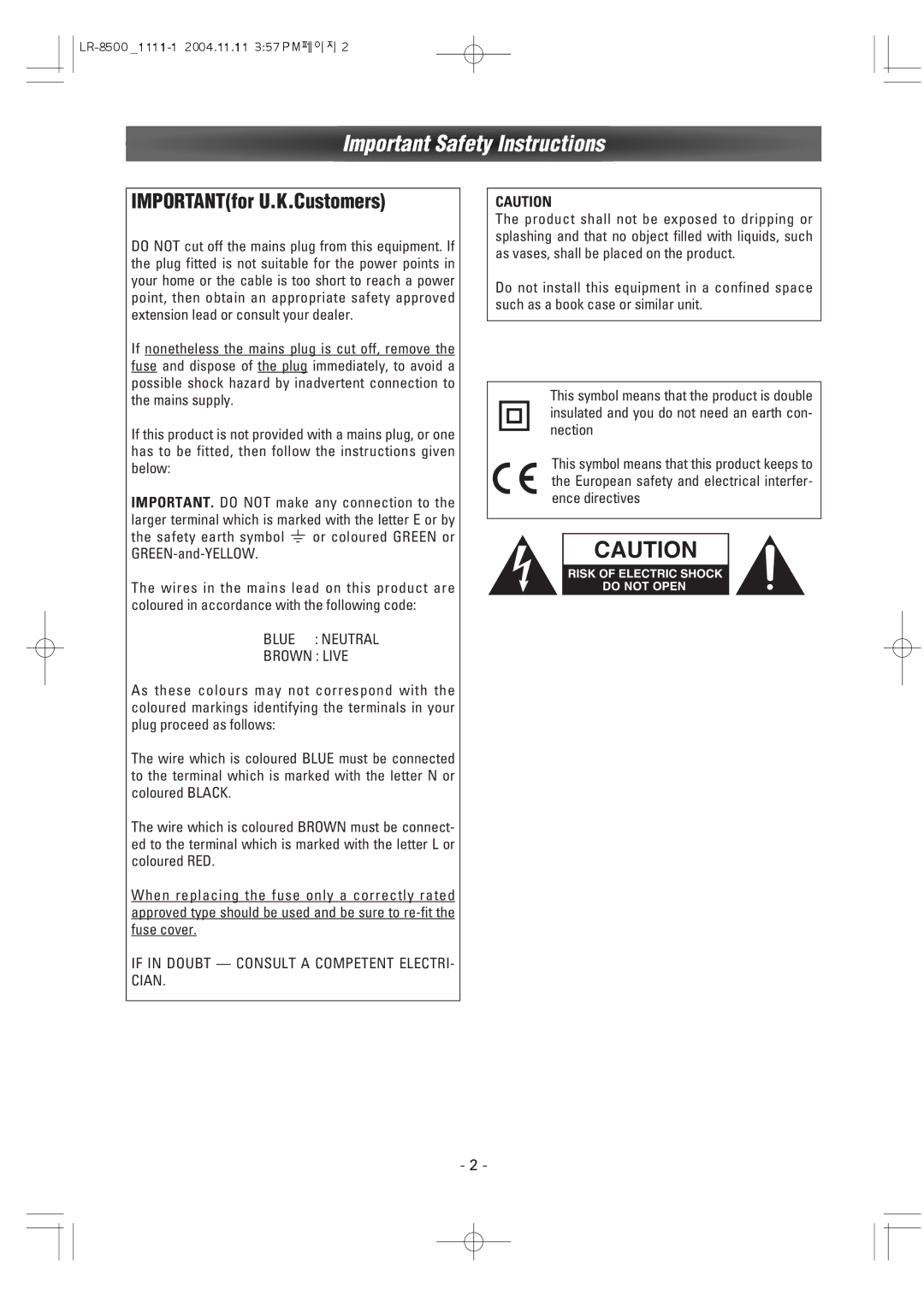 Dantax LR-8500 manual Important Safety Instructions, IMPORTANTfor U.K.Customers, Blue Neutral Brown Live 
