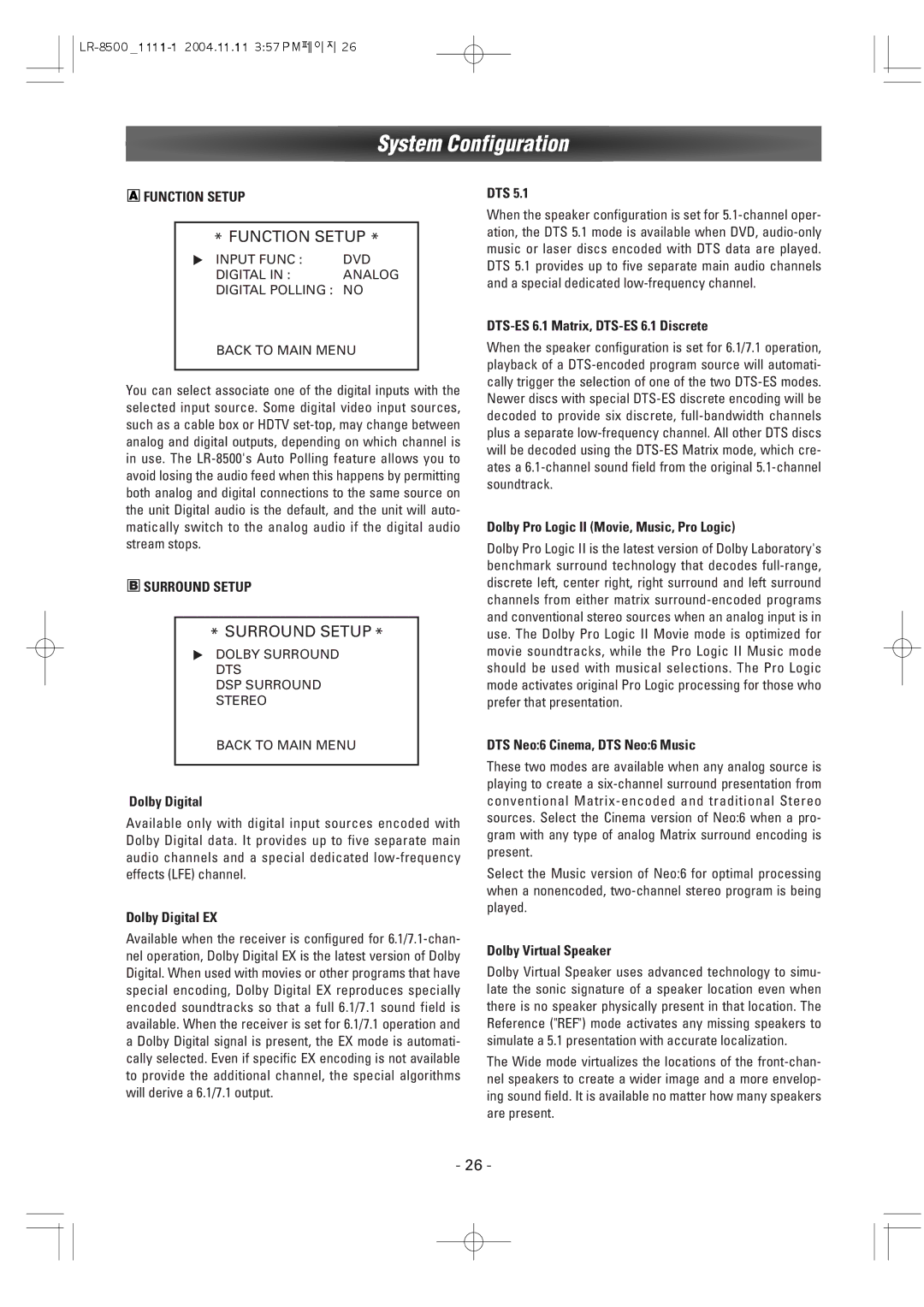 Dantax LR-8500 manual System Configuration, Function Setup, Surround Setup 