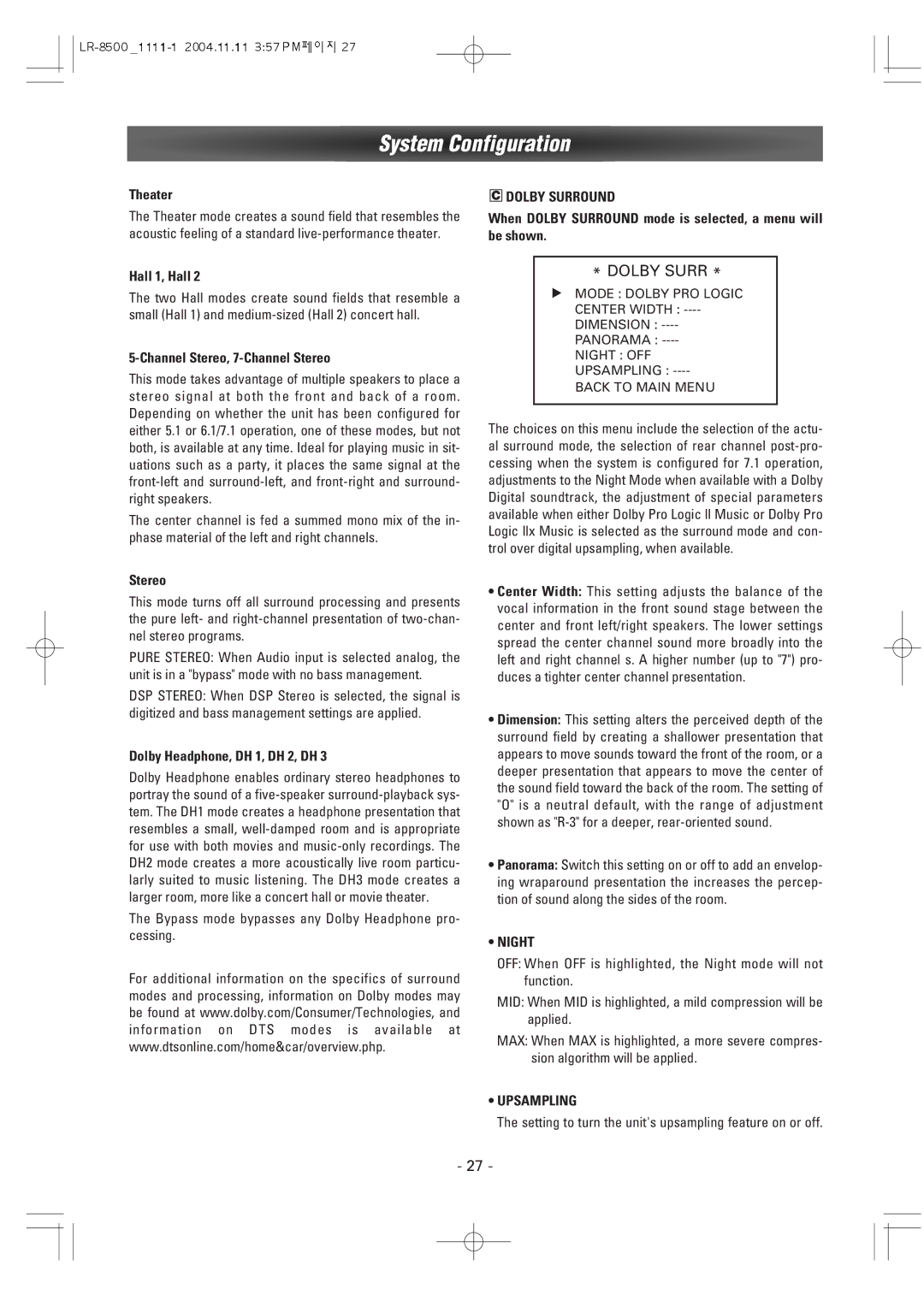 Dantax LR-8500 manual Dolby Surround, Upsampling 