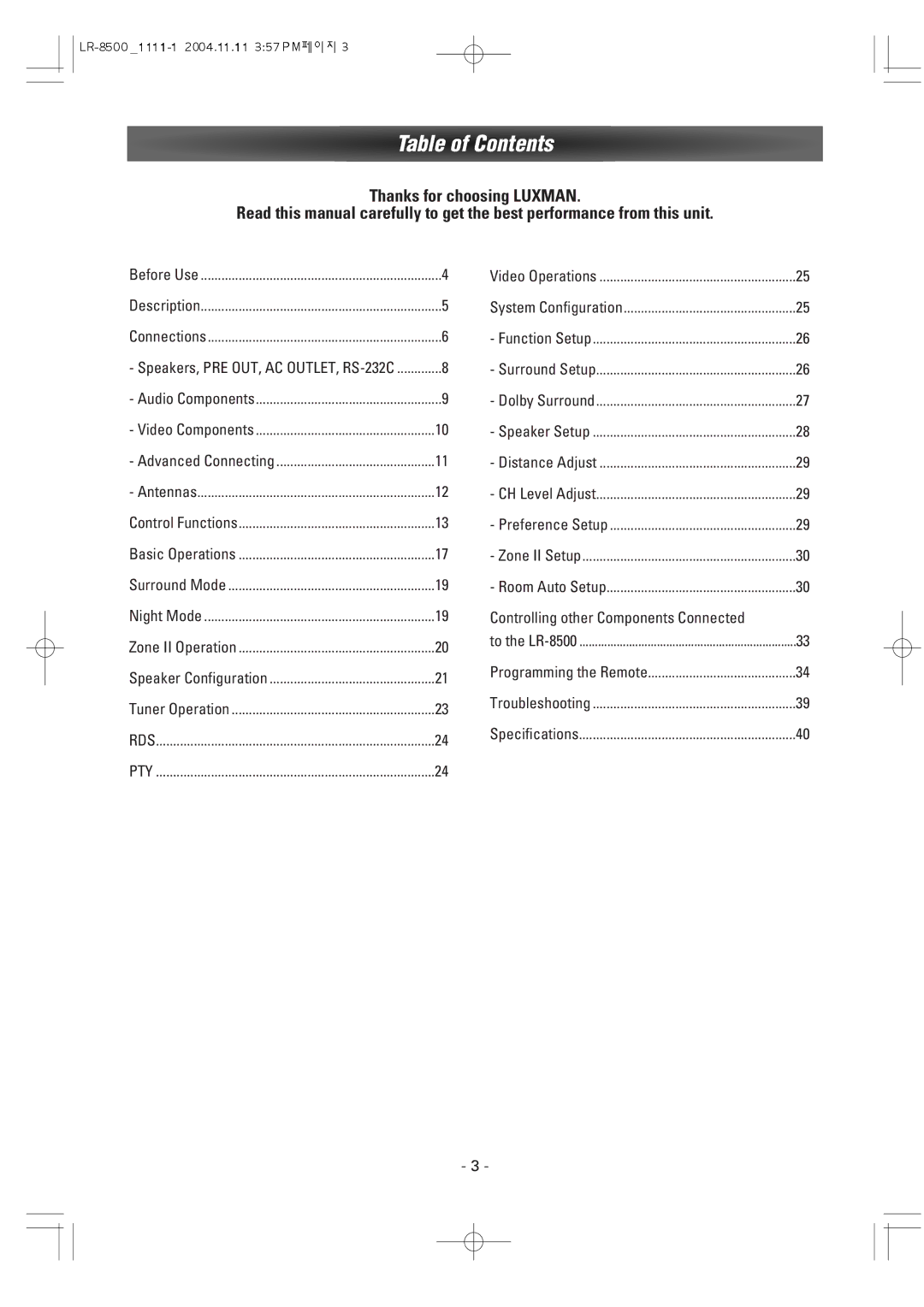 Dantax LR-8500 manual Table of Contents 