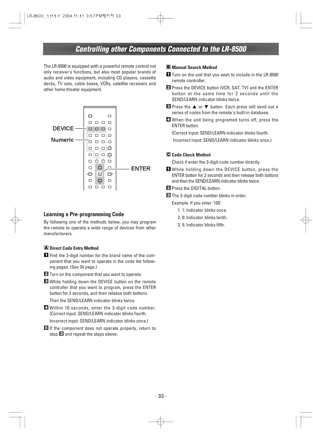 Dantax manual Controlling other Components Connected to the LR-8500, Direct Code Entry Method, Manual Search Method 