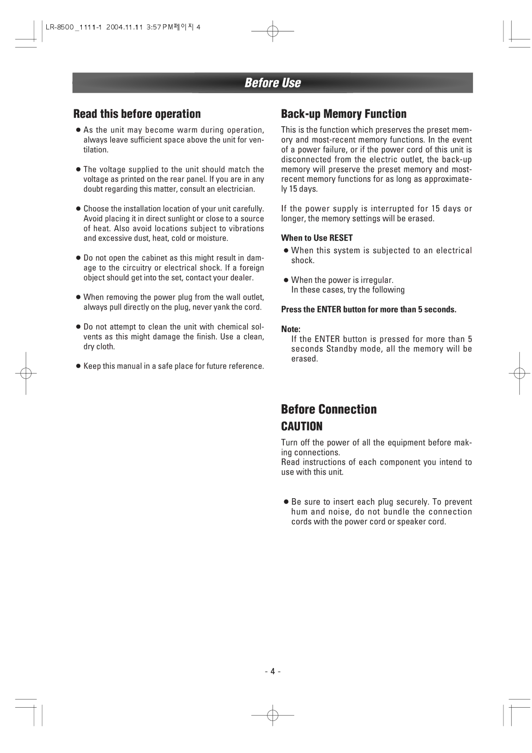 Dantax LR-8500 manual Before Use, Read this before operation, Back-up Memory Function, When to Use Reset 