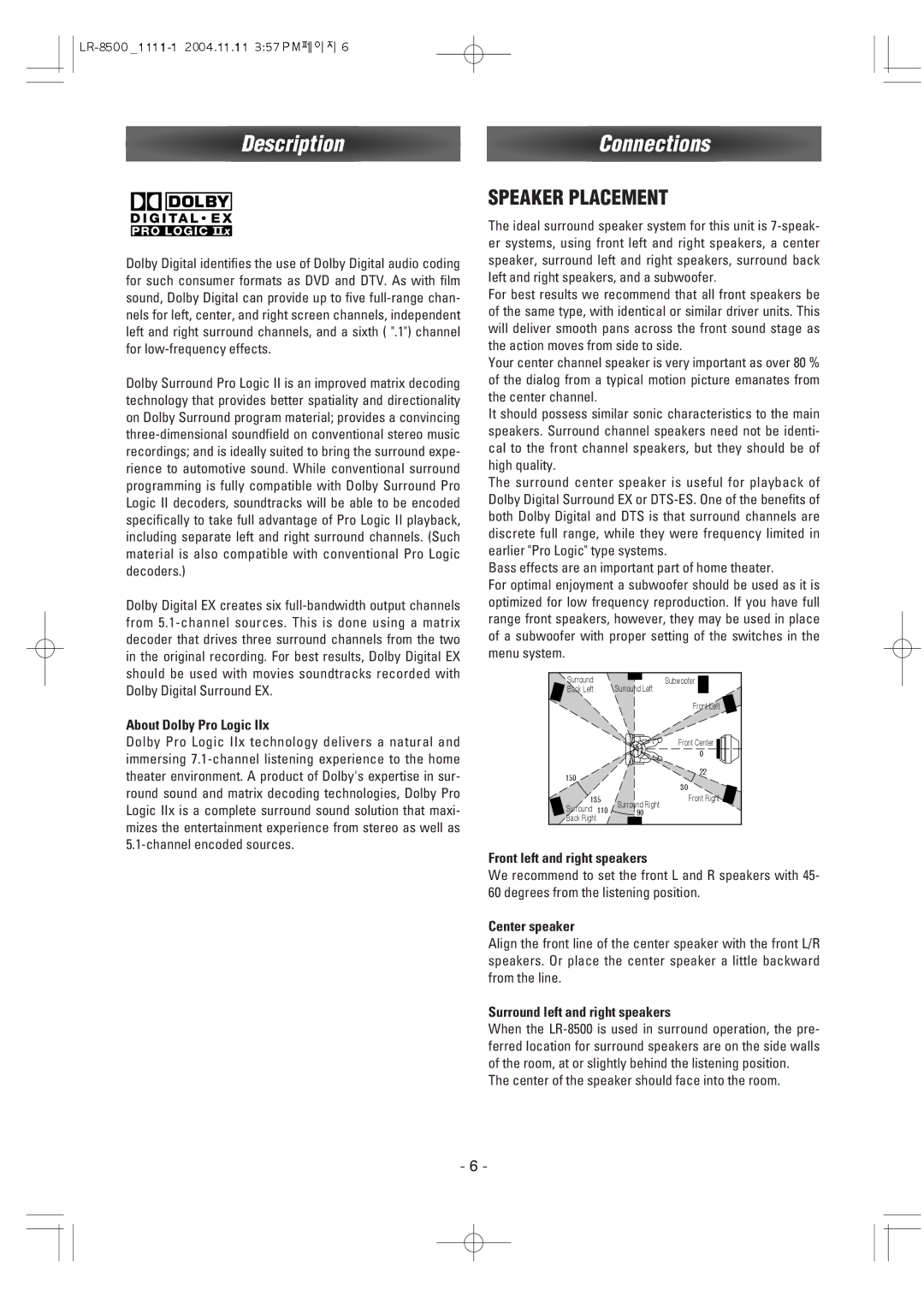 Dantax LR-8500 manual Description Connections, About Dolby Pro Logic, Front left and right speakers, Center speaker 