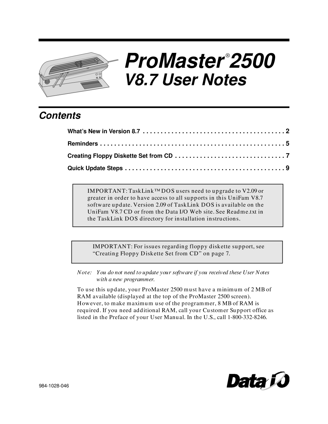 Data Technology 2500 user manual ProMaster, Contents 