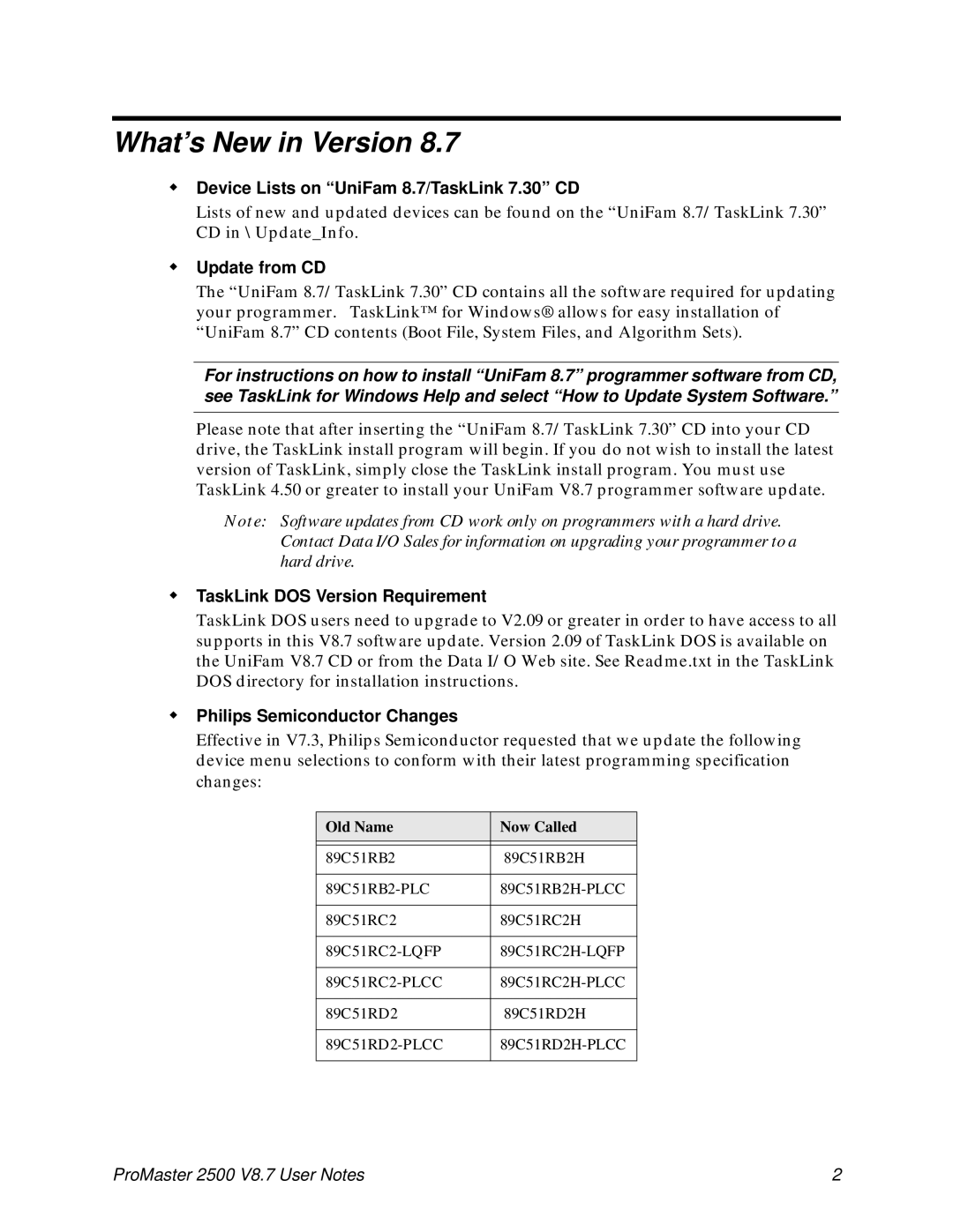 Data Technology 2500 user manual What’s New in Version, Š Device Lists on UniFam 8.7/TaskLink 7.30 CD, Š Update from CD 