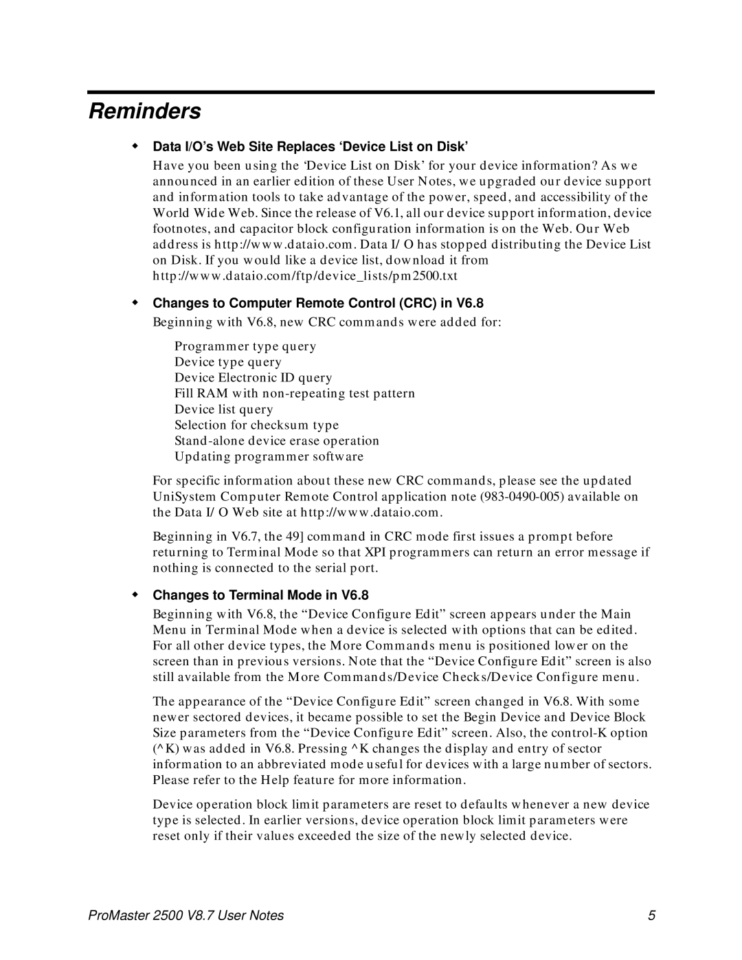 Data Technology 2500 user manual Reminders, Š Changes to Terminal Mode 