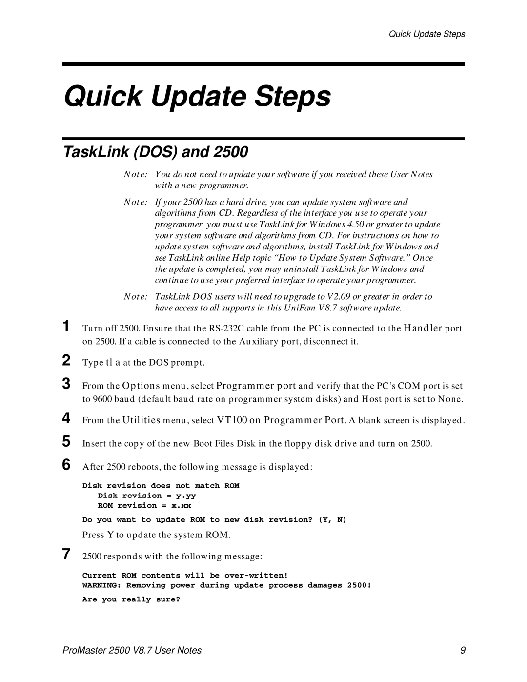 Data Technology 2500 user manual Quick Update Steps, TaskLink DOS 