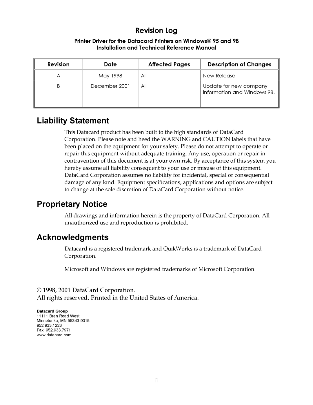 Datacard Group 28X, 150I, 450 manual Liability Statement 