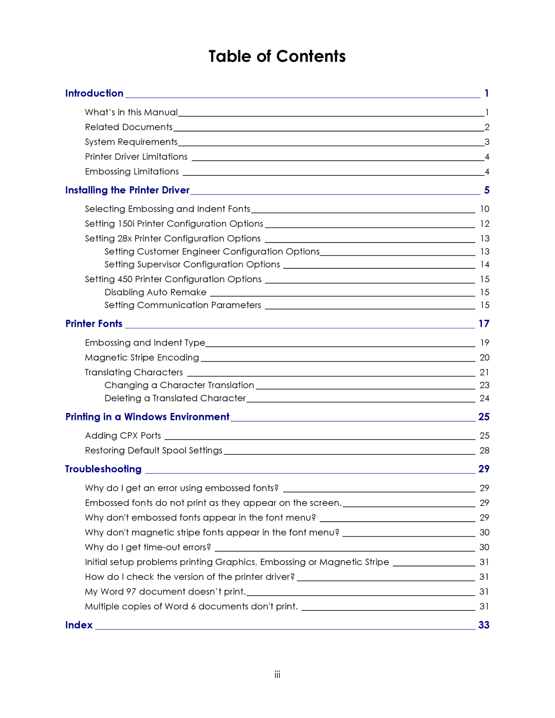 Datacard Group 150I, 450, 28X manual Table of Contents 