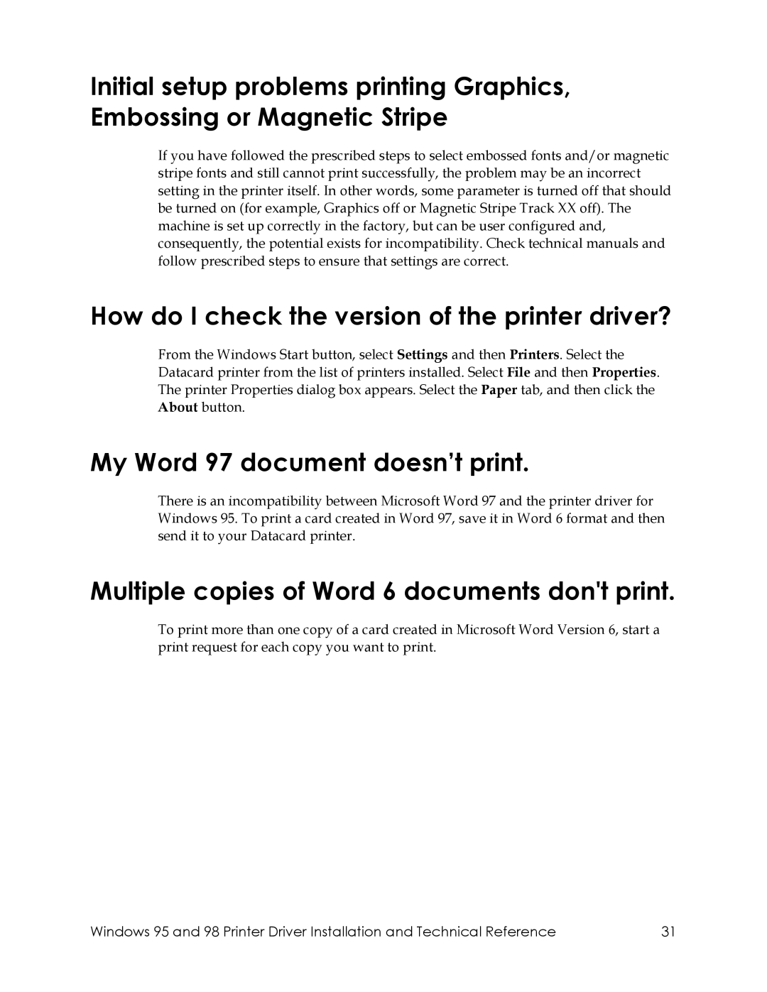 Datacard Group 28X, 150I, 450 manual How do I check the version of the printer driver?, My Word 97 document doesn’t print 