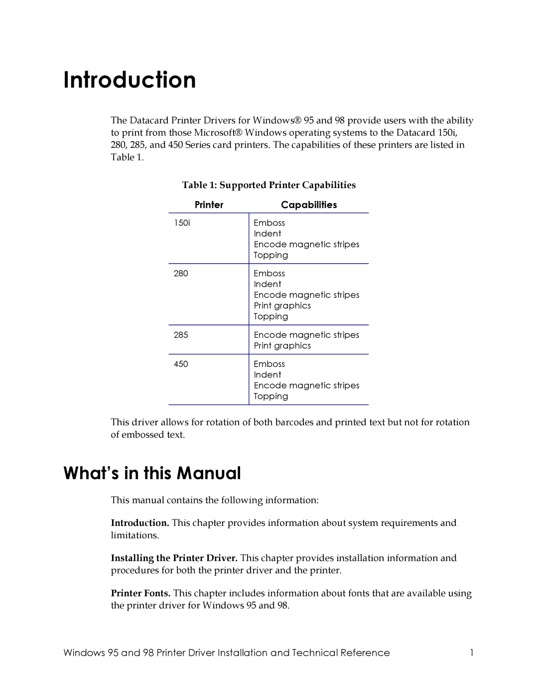 Datacard Group 28X, 150I, 450 manual Introduction, What’s in this Manual, PrinterCapabilities 