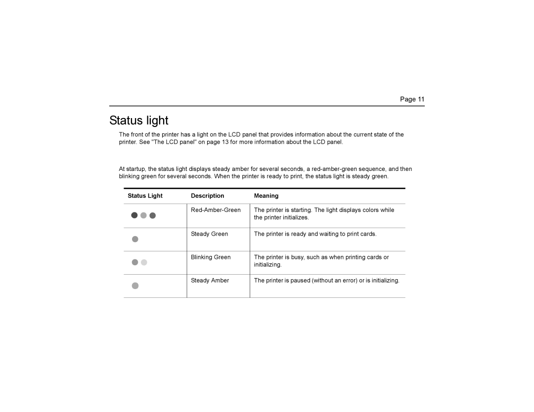 Datacard Group CP40 manual Status light, Status Light Description Meaning 