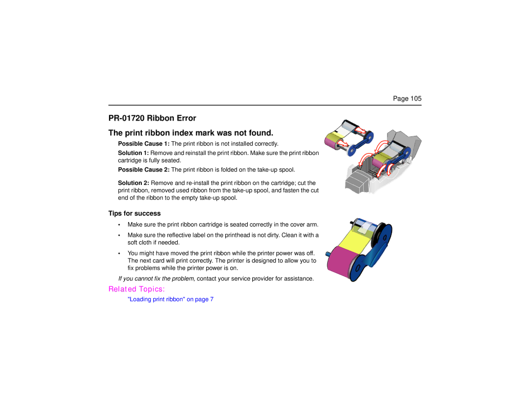 Datacard Group CP60 manual PR-01720 Ribbon Error Print ribbon index mark was not found, Tips for success 