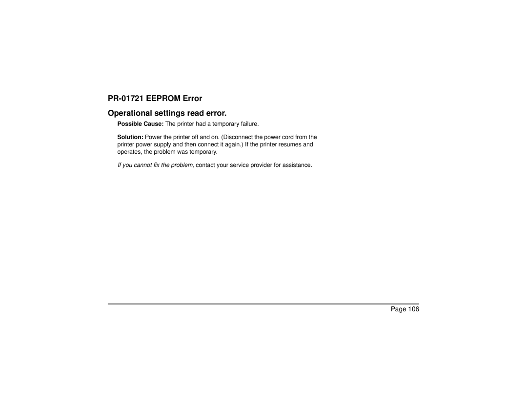 Datacard Group CP60 manual PR-01721 Eeprom Error Operational settings read error 