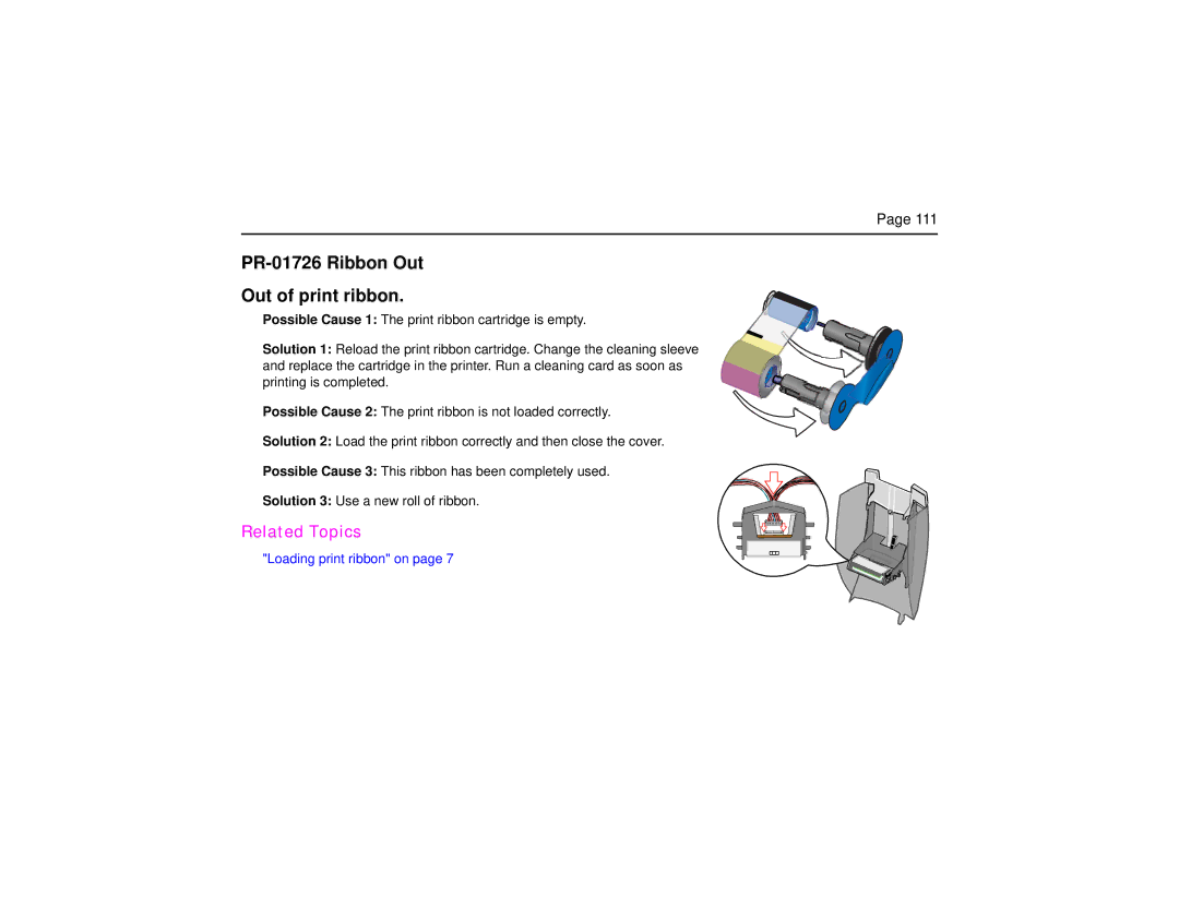 Datacard Group CP60 manual PR-01726 Ribbon Out Out of print ribbon 