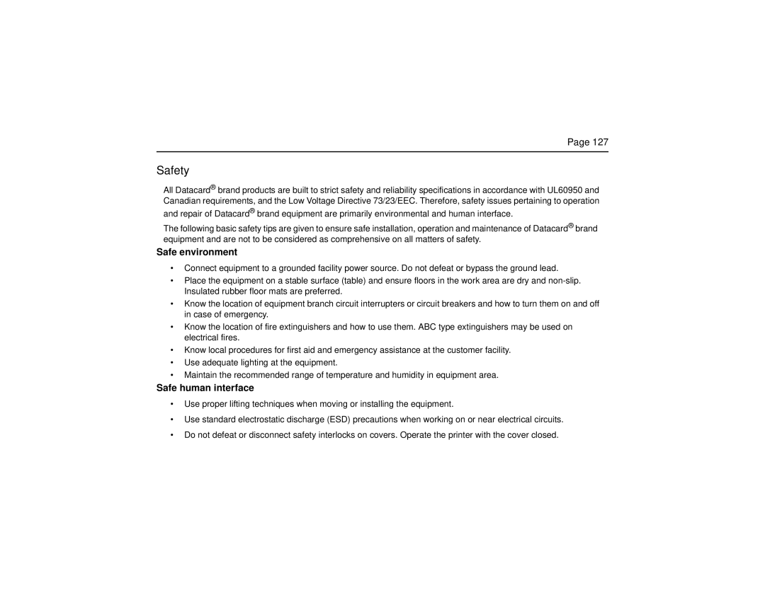 Datacard Group CP60 manual Safety, Safe environment, Safe human interface 