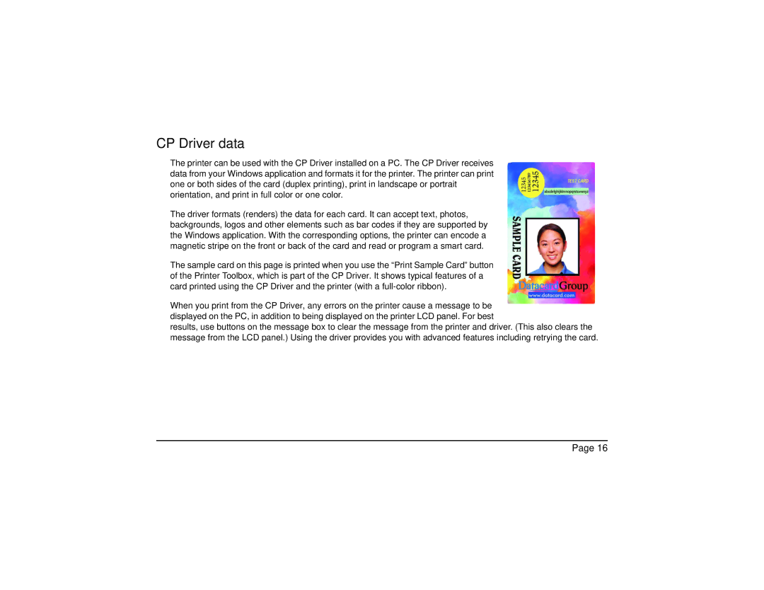 Datacard Group CP60 manual CP Driver data 