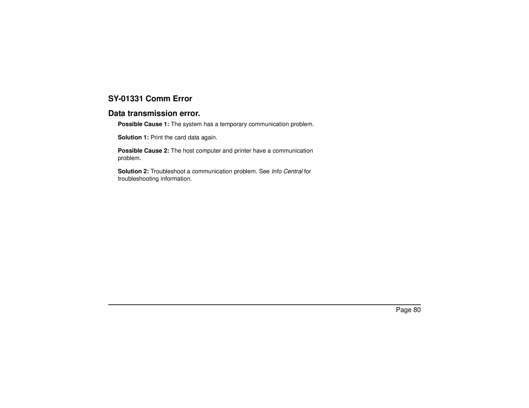 Datacard Group CP60 manual SY-01331 Comm Error Data transmission error 