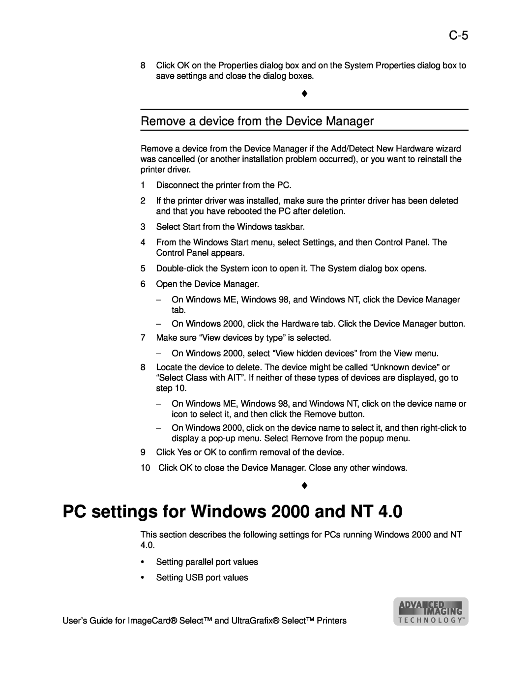 Datacard Group ImageCard SelectTM and UltraGrafix SelectTM Printers manual PC settings for Windows 2000 and NT 