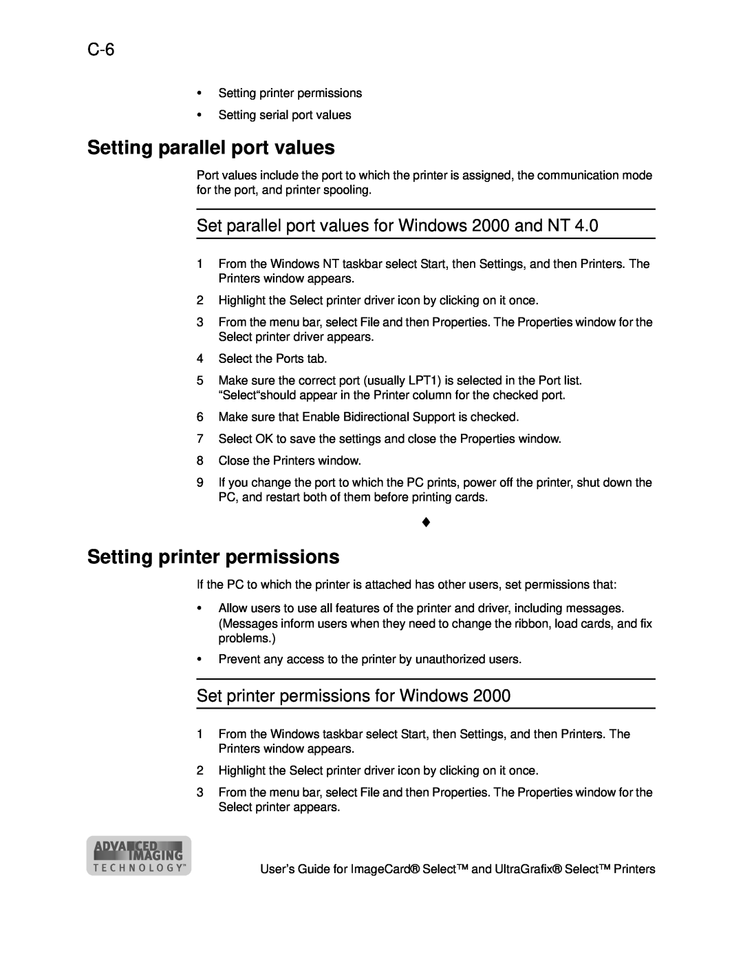 Datacard Group ImageCard SelectTM and UltraGrafix SelectTM Printers manual Setting parallel port values 