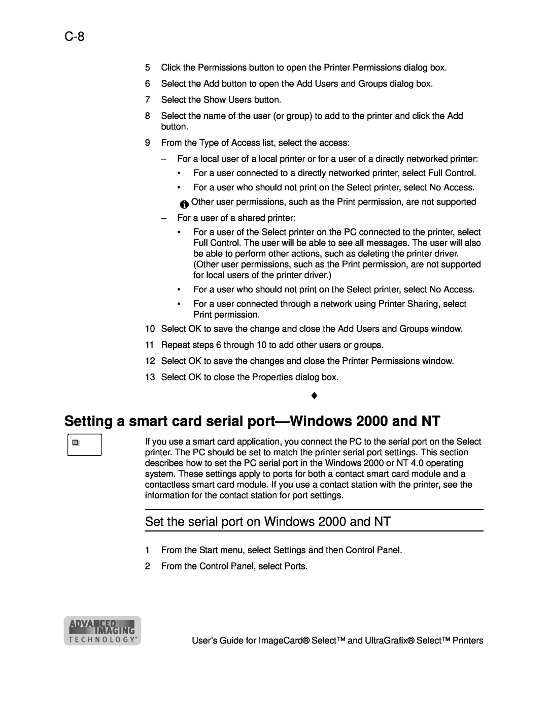 Datacard Group ImageCard SelectTM and UltraGrafix SelectTM Printers Setting a smart card serial port-Windows 2000 and NT 