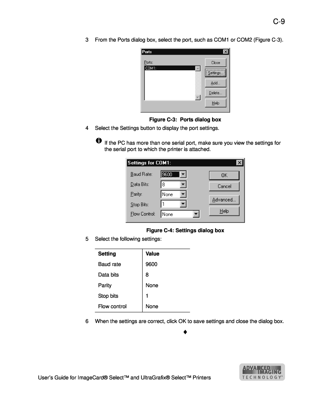 Datacard Group ImageCard SelectTM and UltraGrafix SelectTM Printers manual Figure C-3 Ports dialog box, Setting, Value 