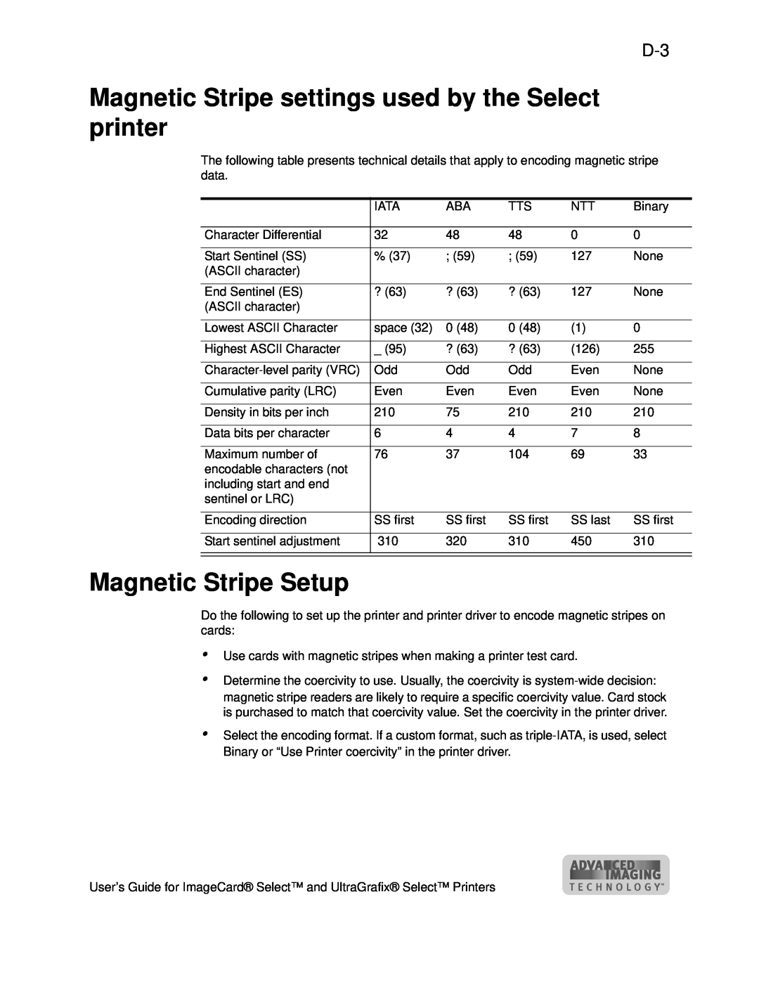 Datacard Group ImageCard SelectTM and UltraGrafix SelectTM Printers Magnetic Stripe settings used by the Select printer 