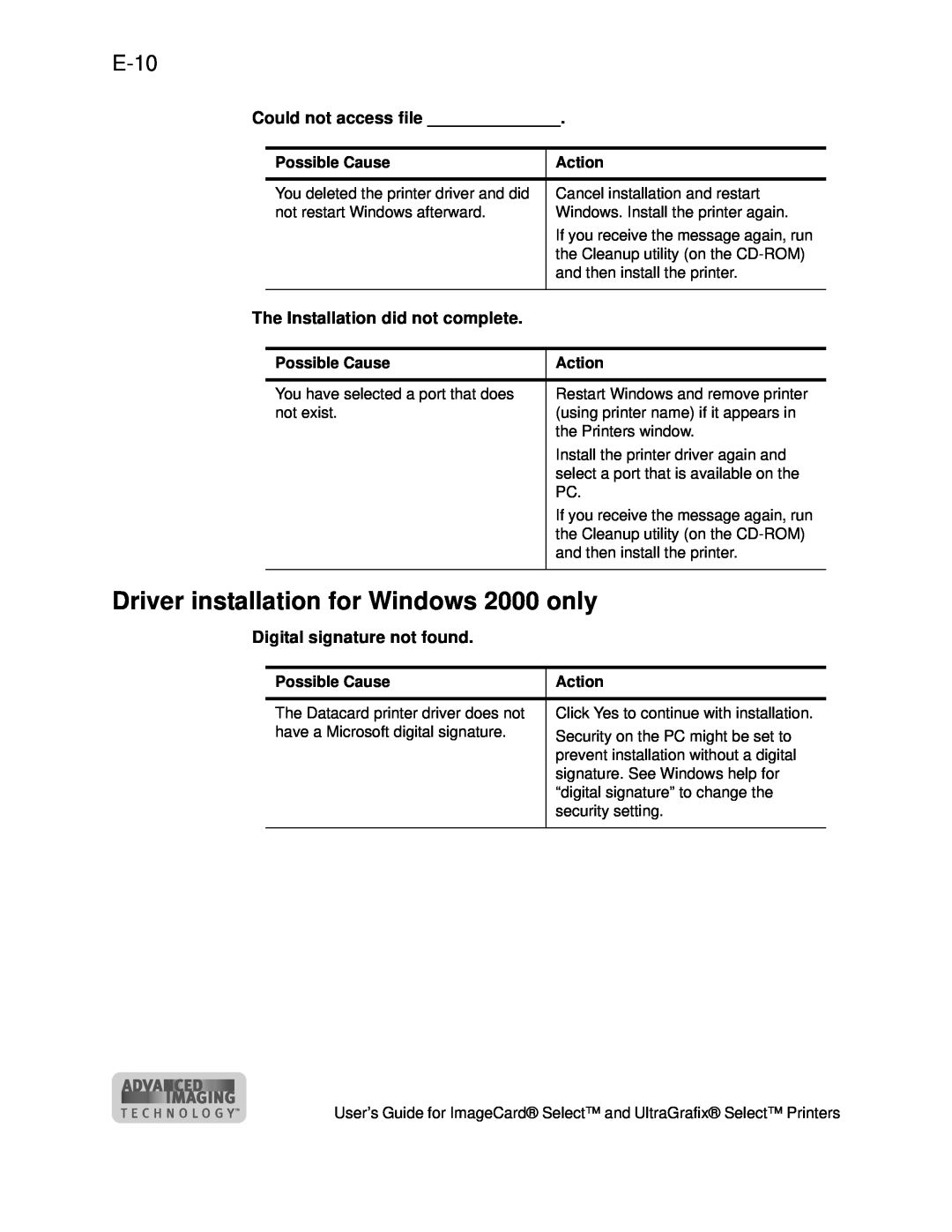 Datacard Group ImageCard SelectTM and UltraGrafix SelectTM Printers manual Driver installation for Windows 2000 only, E-10 