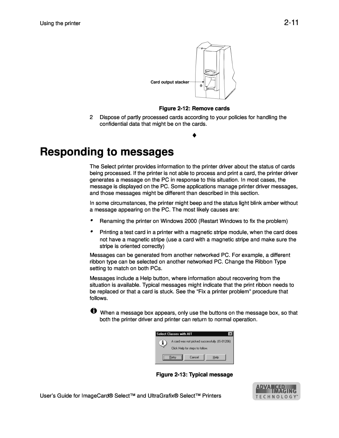 Datacard Group ImageCard SelectTM and UltraGrafix SelectTM Printers manual Responding to messages, 2-11, 12 Remove cards 