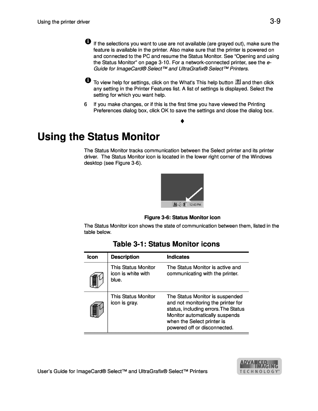 Datacard Group ImageCard SelectTM and UltraGrafix SelectTM Printers Using the Status Monitor, 1 Status Monitor icons, Icon 