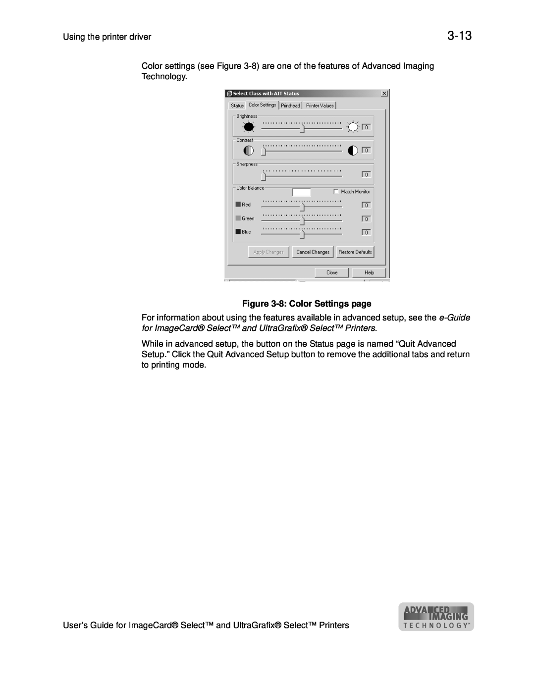 Datacard Group ImageCard SelectTM and UltraGrafix SelectTM Printers manual 3-13, 8 Color Settings page 