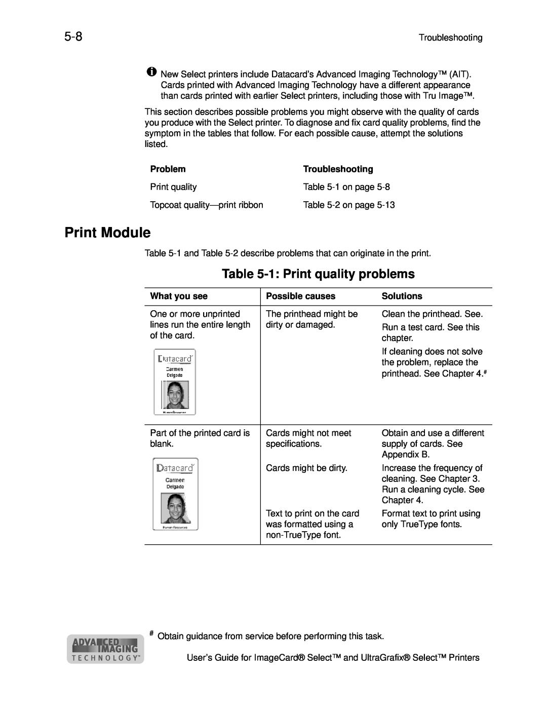 Datacard Group ImageCard SelectTM and UltraGrafix SelectTM Printers Print Module, 1 Print quality problems, What you see 