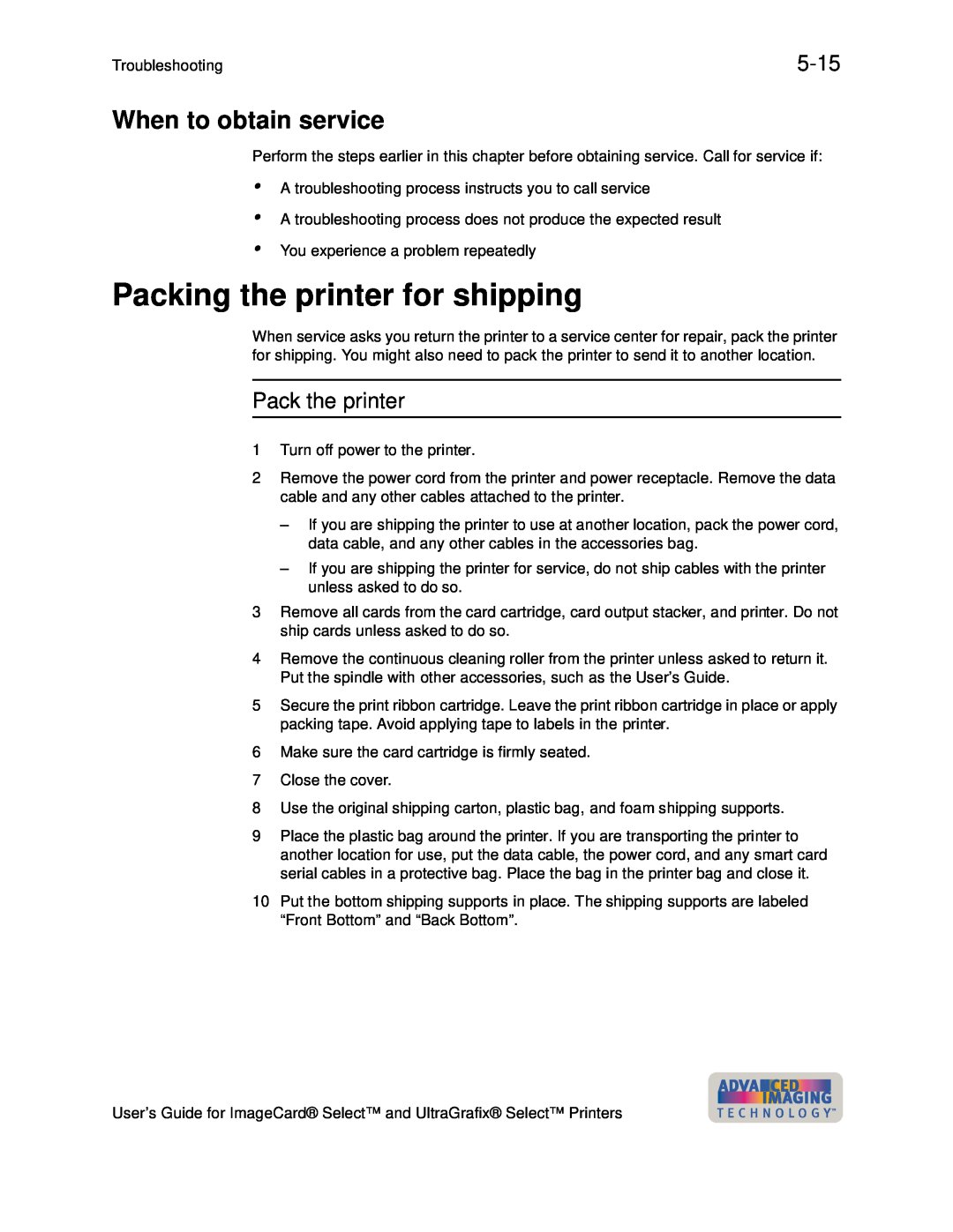 Datacard Group ImageCard SelectTM and UltraGrafix SelectTM Printers manual Packing the printer for shipping, 5-15 