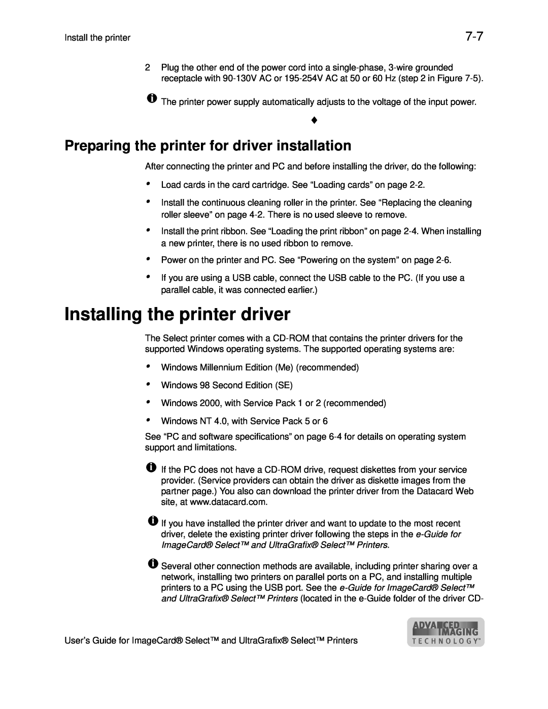 Datacard Group ImageCard SelectTM and UltraGrafix SelectTM Printers manual Installing the printer driver 