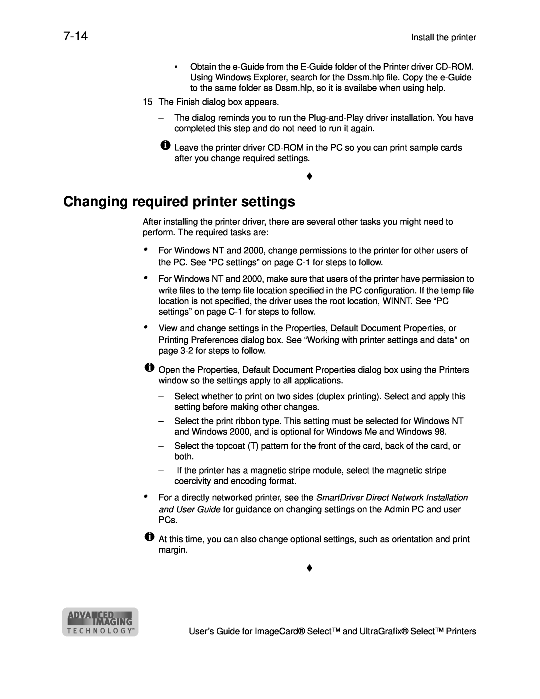 Datacard Group ImageCard SelectTM and UltraGrafix SelectTM Printers manual Changing required printer settings, 7-14 