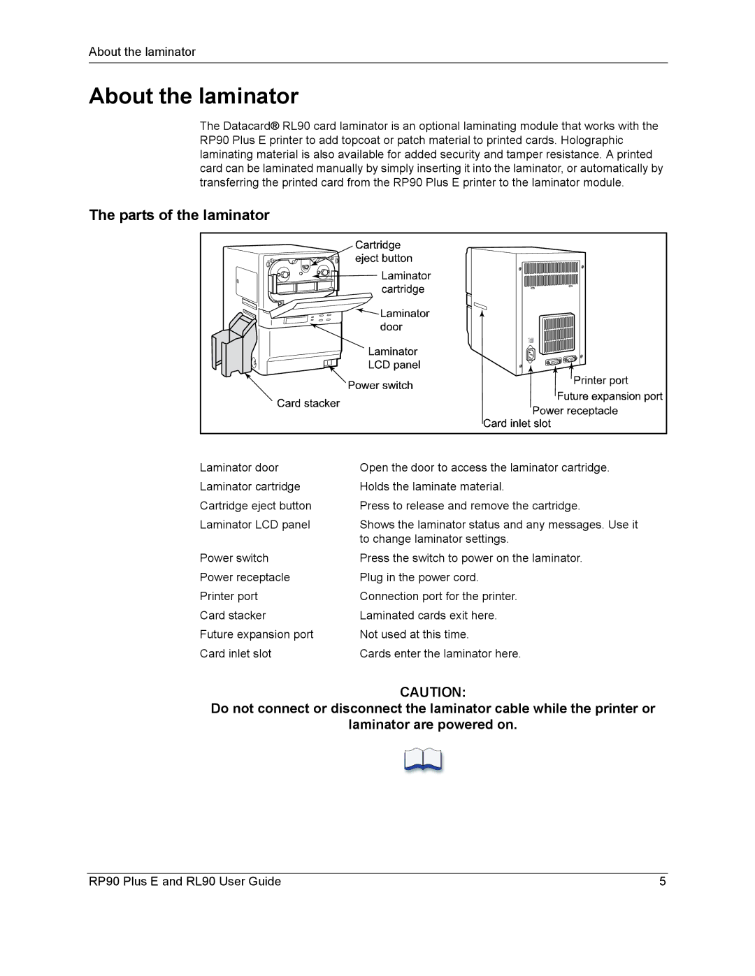 Datacard Group RL90, RP90 manual About the laminator, Parts of the laminator 