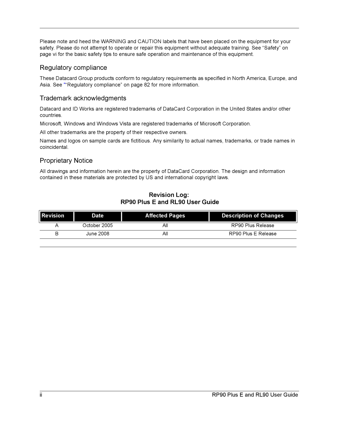 Datacard Group RP90, RL90 manual Regulatory compliance 