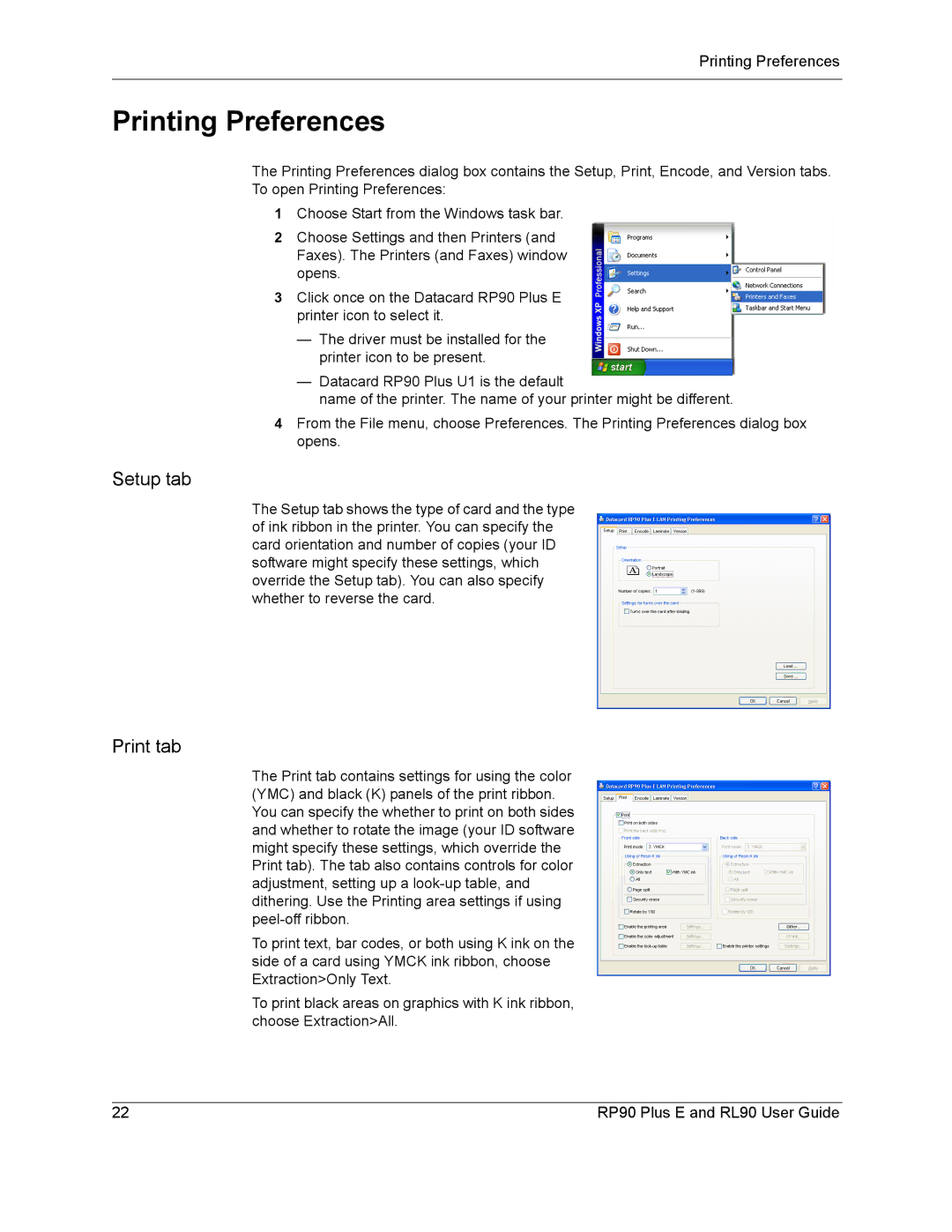 Datacard Group RP90, RL90 manual Printing Preferences, Setup tab 