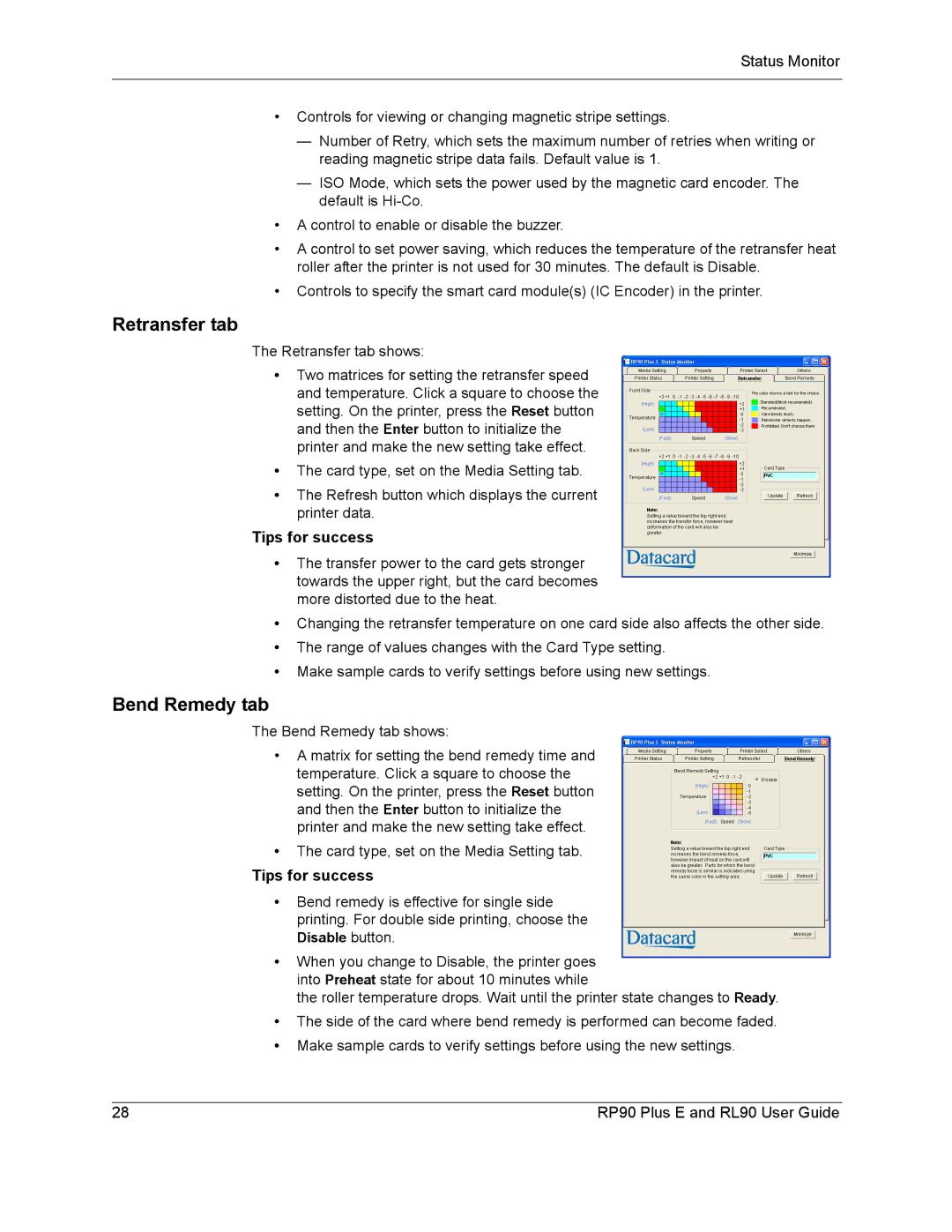 Datacard Group RP90, RL90 manual Retransfer tab, Bend Remedy tab 