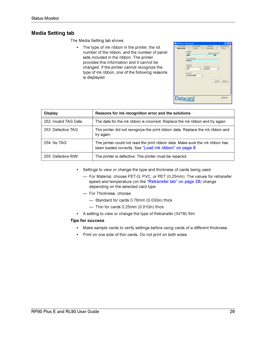 Datacard Group RL90, RP90 manual Media Setting tab, Display Reasons for ink recognition error and the solutions 