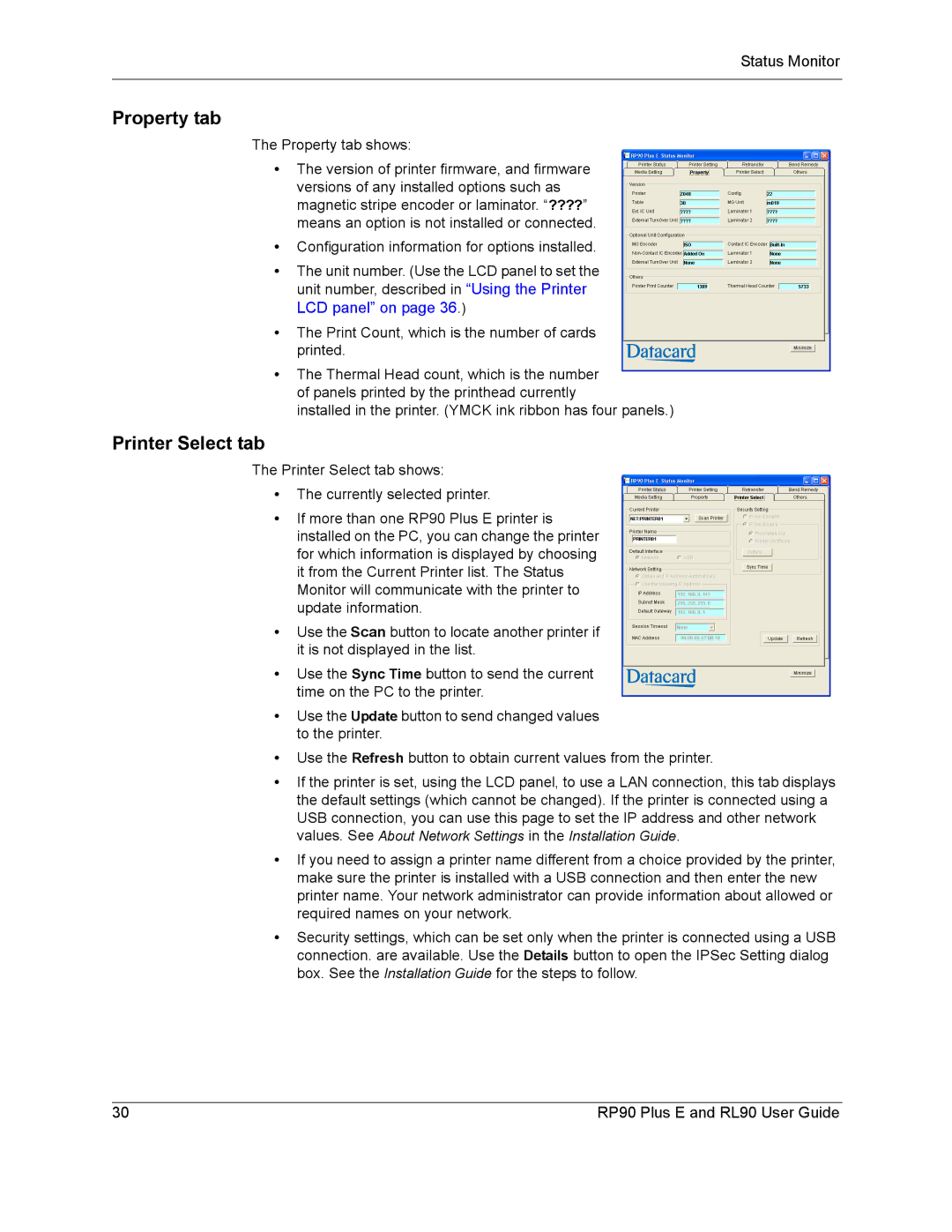 Datacard Group RP90, RL90 manual Property tab, Printer Select tab 