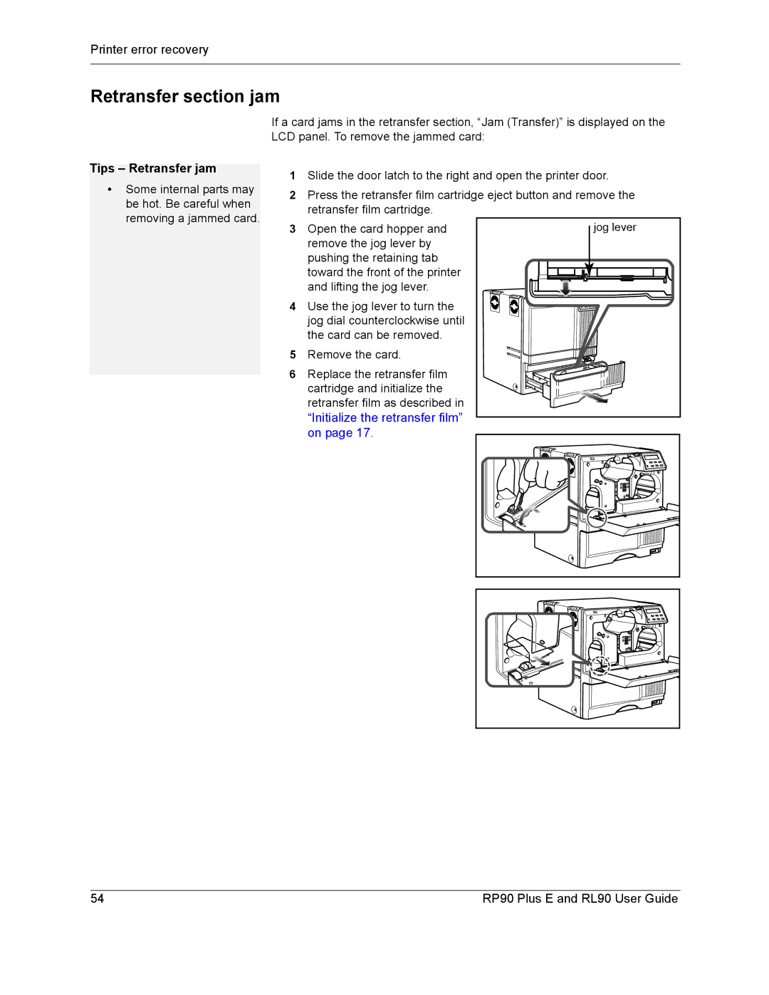 Datacard Group RP90, RL90 manual Retransfer section jam, Tips Retransfer jam 