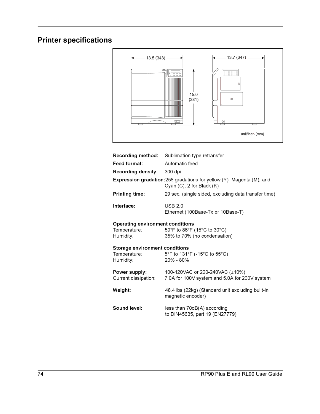 Datacard Group RP90, RL90 manual Printer specifications 