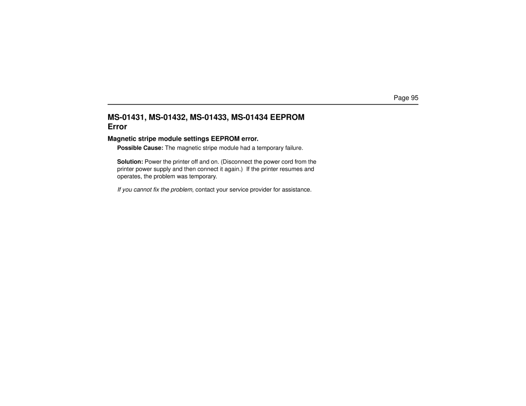 Datacard Group SP Series MS-01431, MS-01432, MS-01433, MS-01434 Eeprom Error, Magnetic stripe module settings Eeprom error 