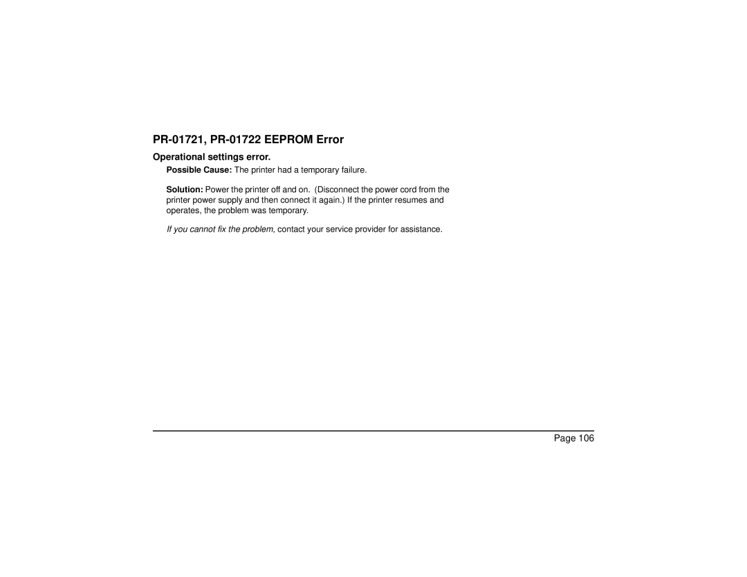 Datacard Group SP Series manual PR-01721, PR-01722 Eeprom Error, Operational settings error 