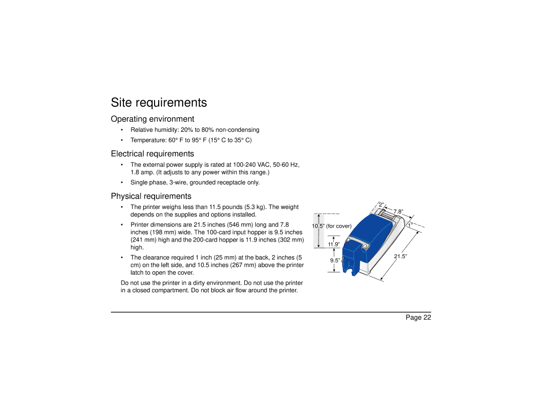 Datacard Group SP Series manual Site requirements, Electrical requirements 