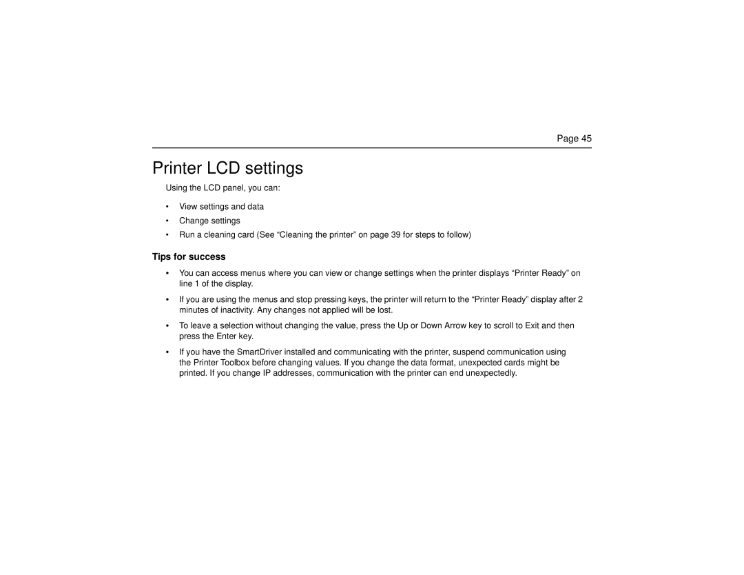 Datacard Group SP Series manual Printer LCD settings, Tips for success 