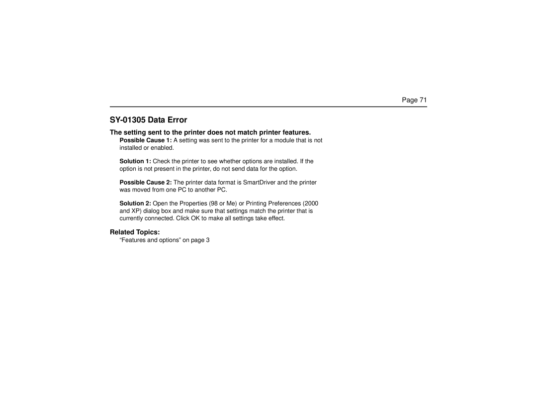 Datacard Group SP Series manual SY-01305 Data Error, Setting sent to the printer does not match printer features 