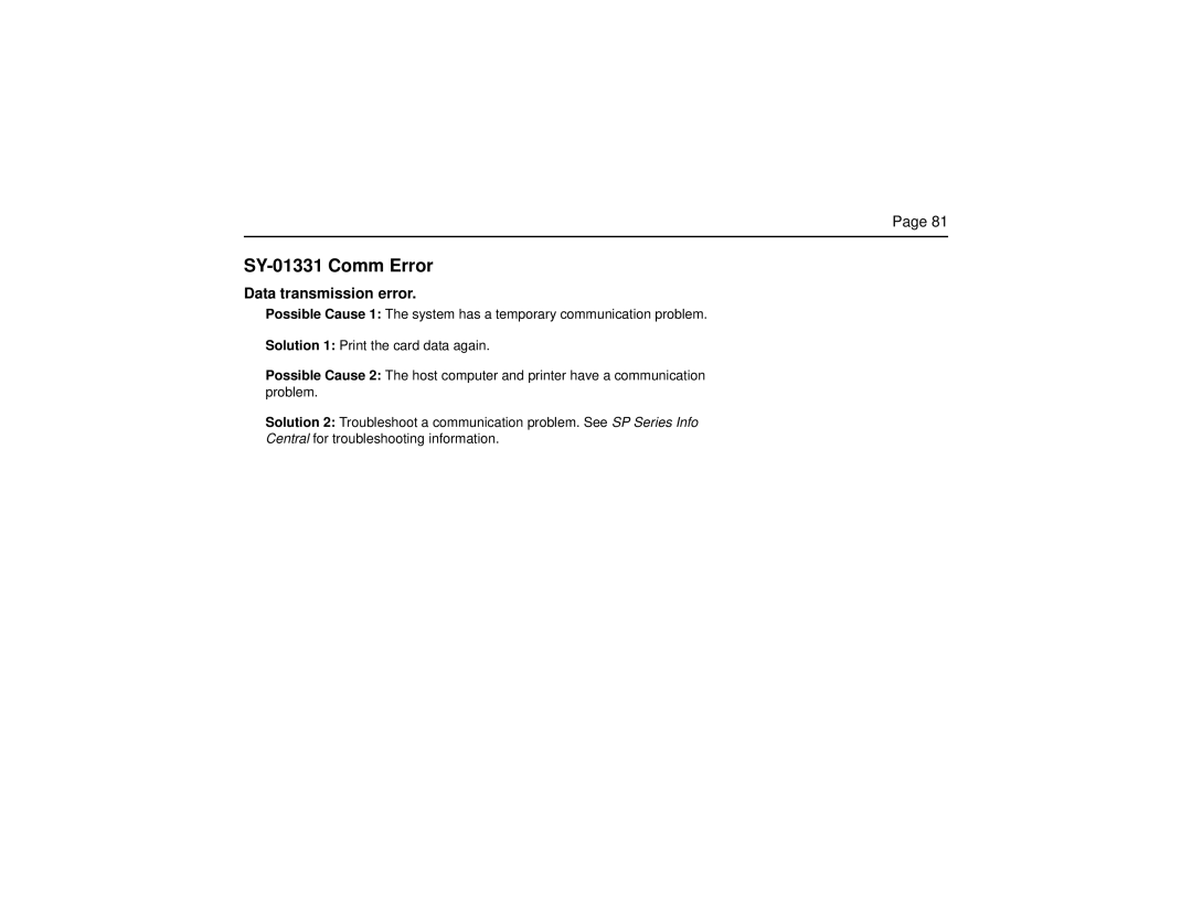 Datacard Group SP Series manual SY-01331 Comm Error, Data transmission error 