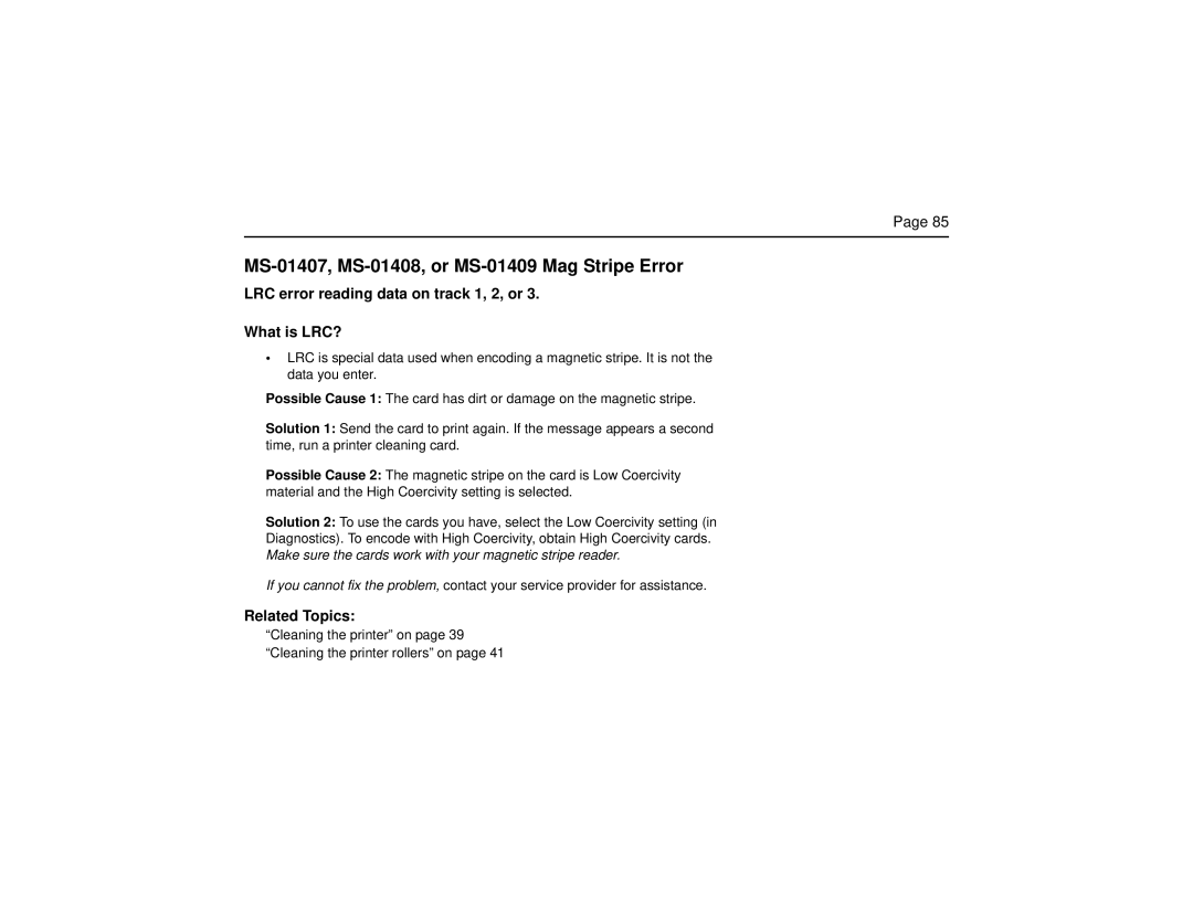 Datacard Group SP Series manual MS-01407, MS-01408, or MS-01409 Mag Stripe Error 